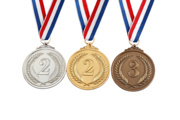 Three olympic style medals for first second and third place isolated on transparent background