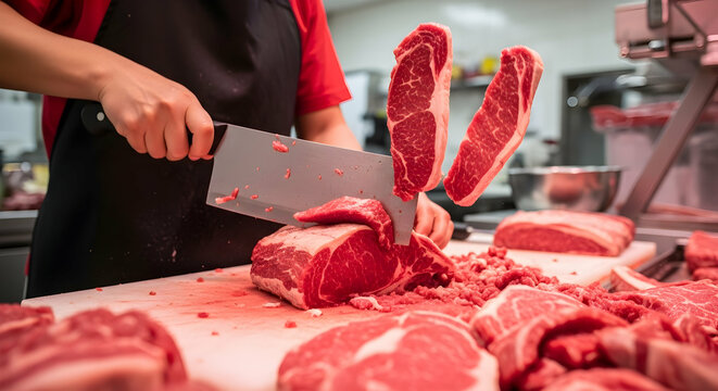 Expert Butcher Skillfully Slicing Premium Cuts Of Beef In A Vibrant Butchery