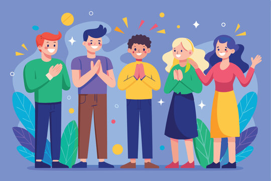 Different people clapping hands together in celebration during a cheerful gathering in a colorful setting with vibrant backgrounds and joyful expressions