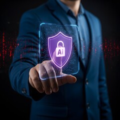 Man touches futuristic digital shield with ai and lock symbol for cybersecurity