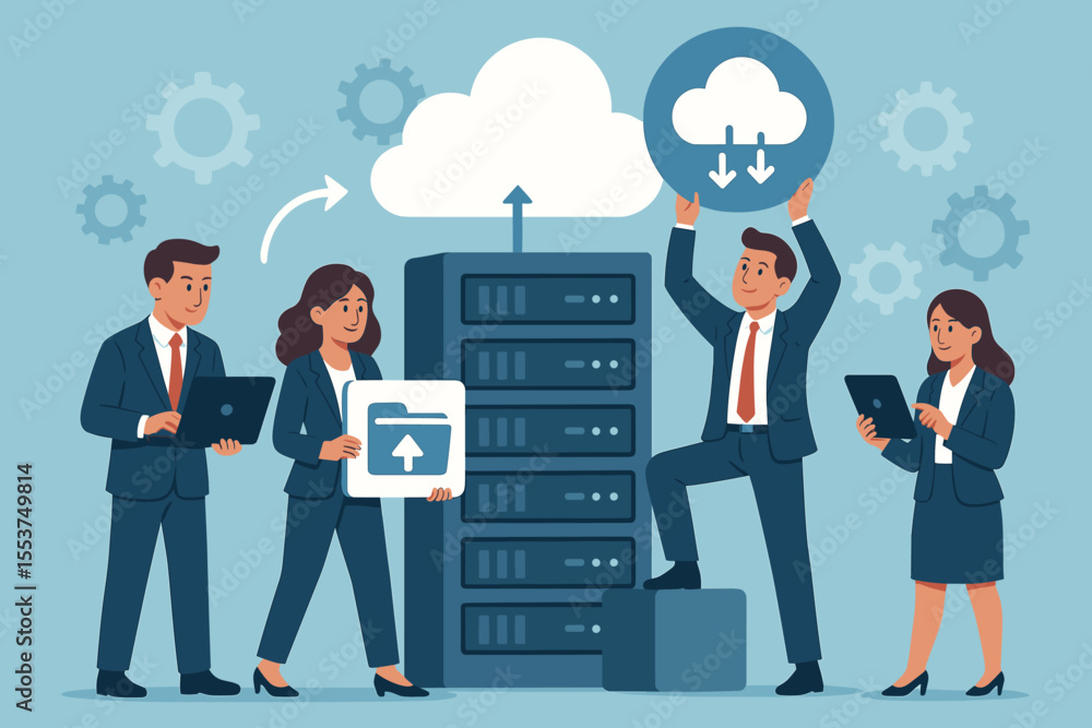 Poster business team using cloud computing technology, data server management, digital file transfer, secur