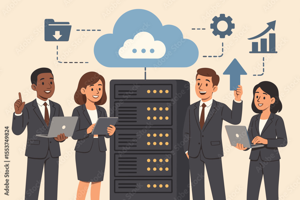 Poster business team using cloud computing technology, data server management, it infrastructure, digital t