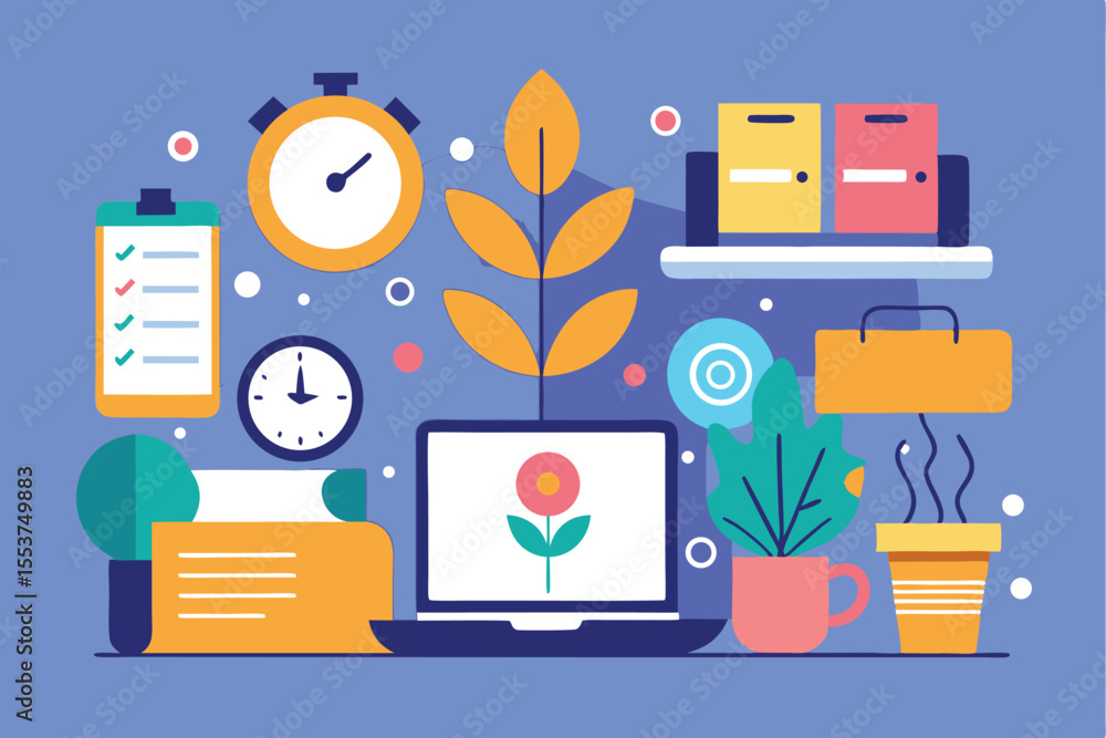 Poster creative workspace design featuring productivity tools and a serene atmosphere for efficient work