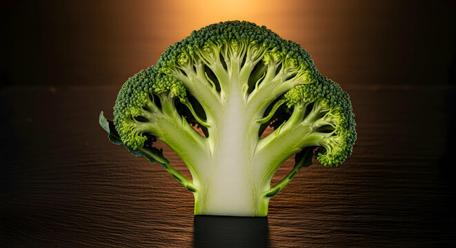 Cross Section Of Fresh Broccoli On A Dark Wood Textured Background