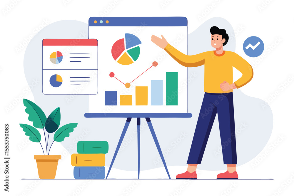 Poster presentation concept featuring a person explaining data visualization with graphs and charts in a mo