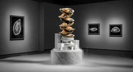 Oysters Tower Display On White Foundation In The Modern Art Gallery