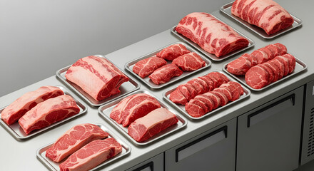 Selection Of Fresh Raw Beef Cuts Arranged On Stainless Steel Trays