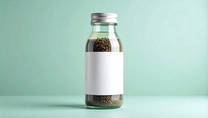 Transparent Bottle Mockup With Seeds And Blank Label On A Teal Background