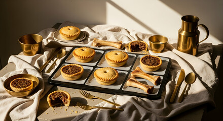 Golden Baked Mini Pies Arranged Elegantly On A Table With Stylish Brass Accents
