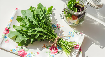 Arugula Bunch And Salad In Jar Composed Over Floral Patterned Fabric
