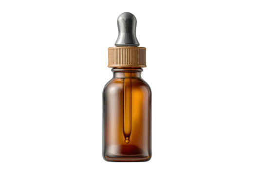 PNG Amber glass dropper bottle with wooden cap for essential oils on black background