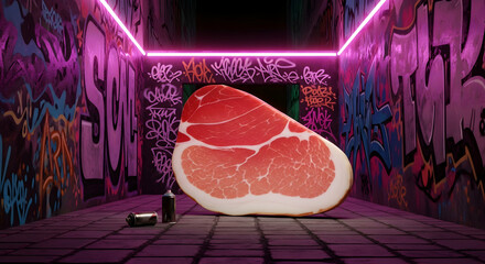 Surreal Still Life Prosciutto Slice In A Graffiti Decorated Urban Setting