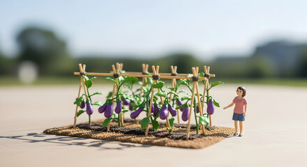 Miniature Eggplant Garden With A Tiny Gardener In A Serene Outdoor Setting