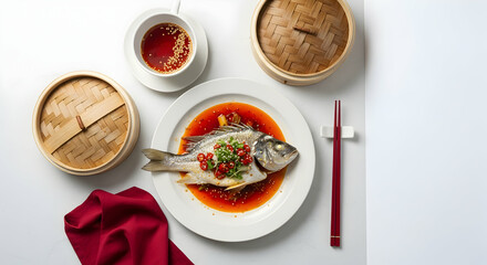 Delicious Steamed Fish with Soy Sauce and Traditional Asian Bamboo Steamer