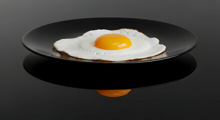 Delicious Sunny Side Up Egg Presented on a Black Plate With Reflection