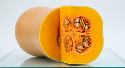 Halved Butternut Squash Showing Seeds Inside on Reflective Surface