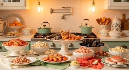 Elaborate Seafood Arrangement Served on a Kitchen Counter with Delicate Aesthetic