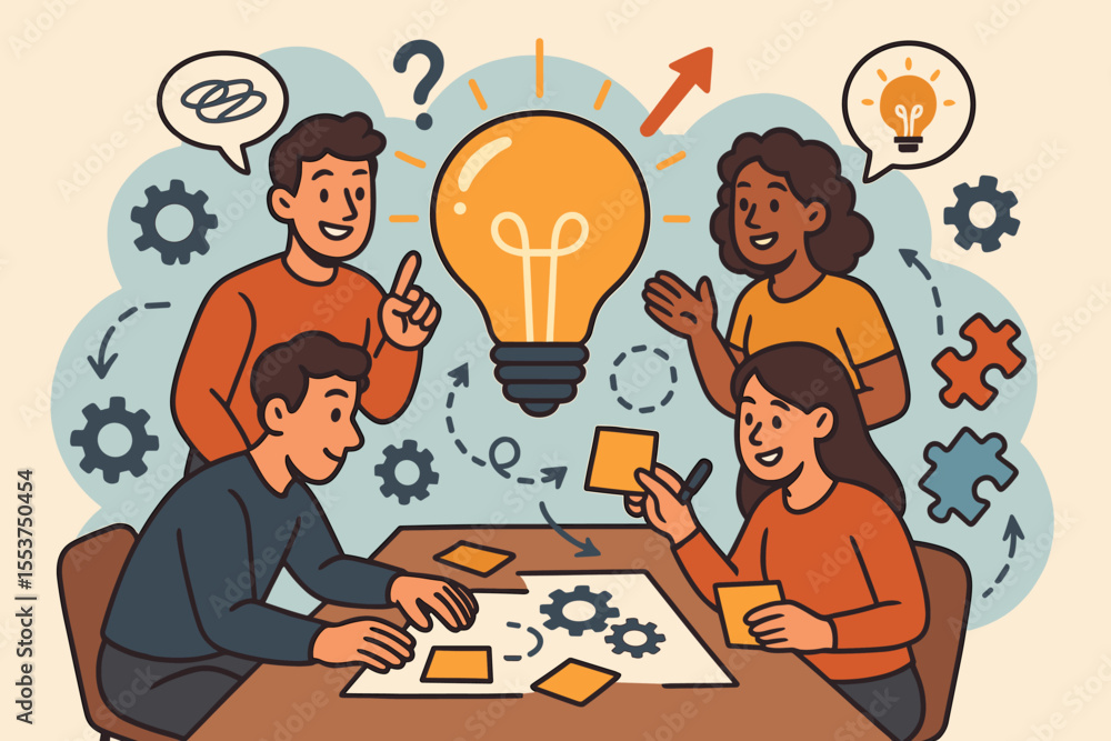 Poster teamwork brainstorming session for creative problem solving and innovative idea generation. group co