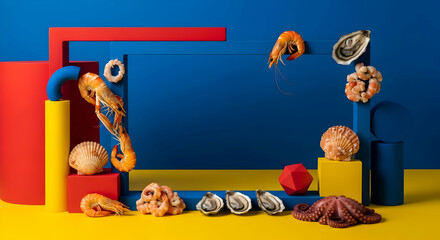 Abstract Seafood Display With Vivid Colors And Playful Geometric Shapes Elements