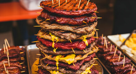 Stacked Beef Slices Towering Display Of Grilled Meat With Toothpicks