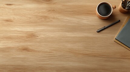 Minimalist workspace composition featuring wooden table, coffee, pen, and notebook