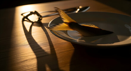 Elegant Composition Of A Fish Tail On A Plate In Warm Sunlight