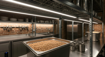 Professional Kitchen Workspace With Provisions And Utensils Ready For Food Preparation