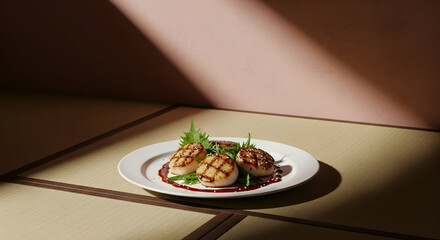 Gourmet Seared Scallops Presented with Artistic Plating on Neutral Japanese Tatami