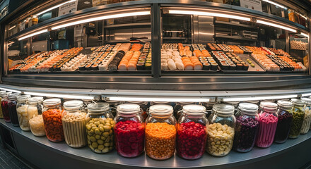 Diverse Culinary Delights Featuring Fresh Sushi and Colorful Pickled Jars Display