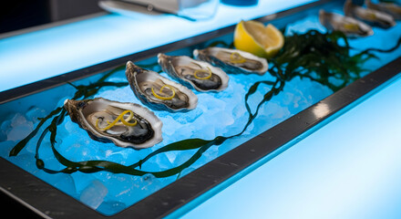 Fresh Oysters Displayed on Ice with Lemon and Seaweed on Blue Background