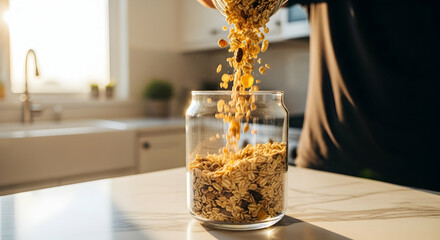 Pouring Granola Into A Glass Jar In A Bright Kitchen Setting