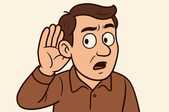 Cartoon man listening carefully with hand to ear gesture, eavesdropping, curiosity, attentive expression, hearing concept, communication, surprised face, vector illustration