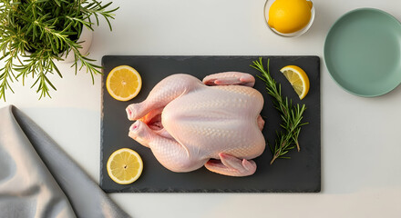 Fresh Raw Chicken Displayed With Lemon And Rosemary Preparation Food Idea