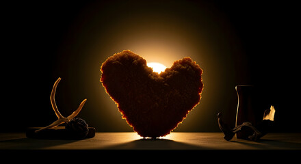 Glowing Heart Shaped Object Casting Shadows In A Dark Room With Art Pieces