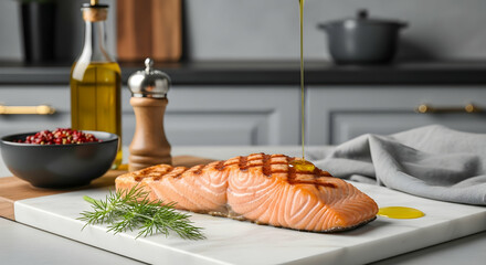 Grilled Salmon Steak Being Drizzled With Olive Oil On A Marble Board