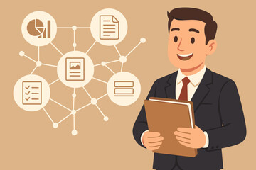 Businessman Holding Folder with Connected Data Icons, Document Management, Workflow Organization, Analytics, Checklist, Digital Files, Office Productivity, Vector Illustration