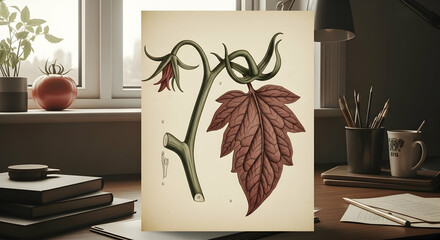 Vintage Botanical Illustration On Desk Creates Artistic Environment
