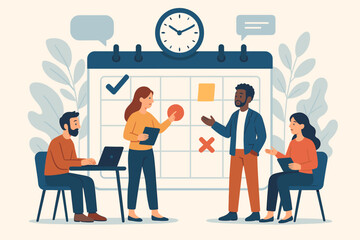 Fototapeta premium Team Project Management Collaboration, Scheduling Meetings, Planning Deadlines, Office Calendar Organization, Business People Working Together, Productivity, Vector Illustration
