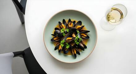 Mussels Prepared With Broth And Wine Presented On Elegant Dinnerware