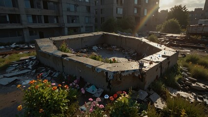 Fototapeta premium Collapsed Concrete Structures with Rainbow Refractions