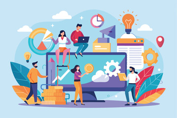 Creative teamwork enhances business project development through digital collaboration in a vibrant office environment