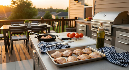 Outdoor Kitchen Scene With Raw Chicken And Vegetables At Sunset