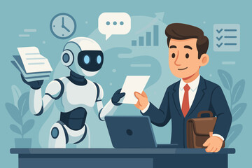 Futuristic artificial intelligence robot assistant helping businessman with office tasks, paperwork, data analysis, productivity, collaboration, technology in modern workplace, vector illustration
