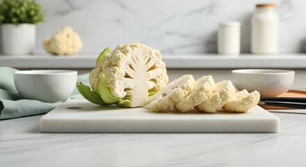 Fresh Cauliflower Head Sliced on a Marble Countertop in a Bright Kitchen