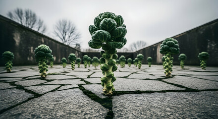 Unusual Brussels Sprouts Garden With Geometric Pavement Under Overcast Sky