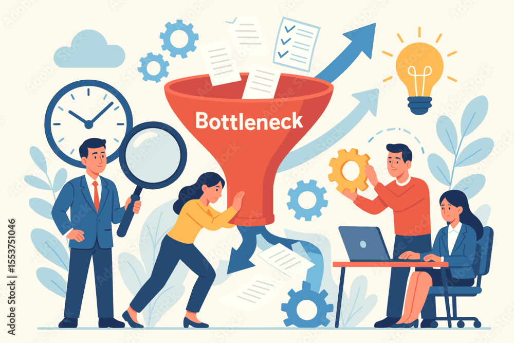 Poster business workflow bottleneck concept. team identifies and solves process obstacles. efficiency impro