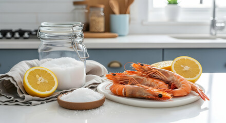 Elegant Preparation Still Life Featuring Fresh Shrimp Lemons and Salt Jar
