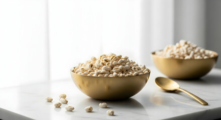 Puffed Grains In Golden Bowls Presented Against a Bright Backdrop