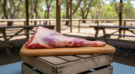 Leg of Lamb Prepared for Grilling in Outdoor Rustic Setting