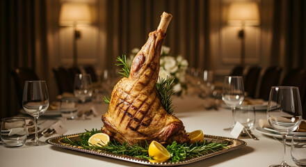 Elegant Roasted Leg Of Lamb Served At Lavish Dinner Party